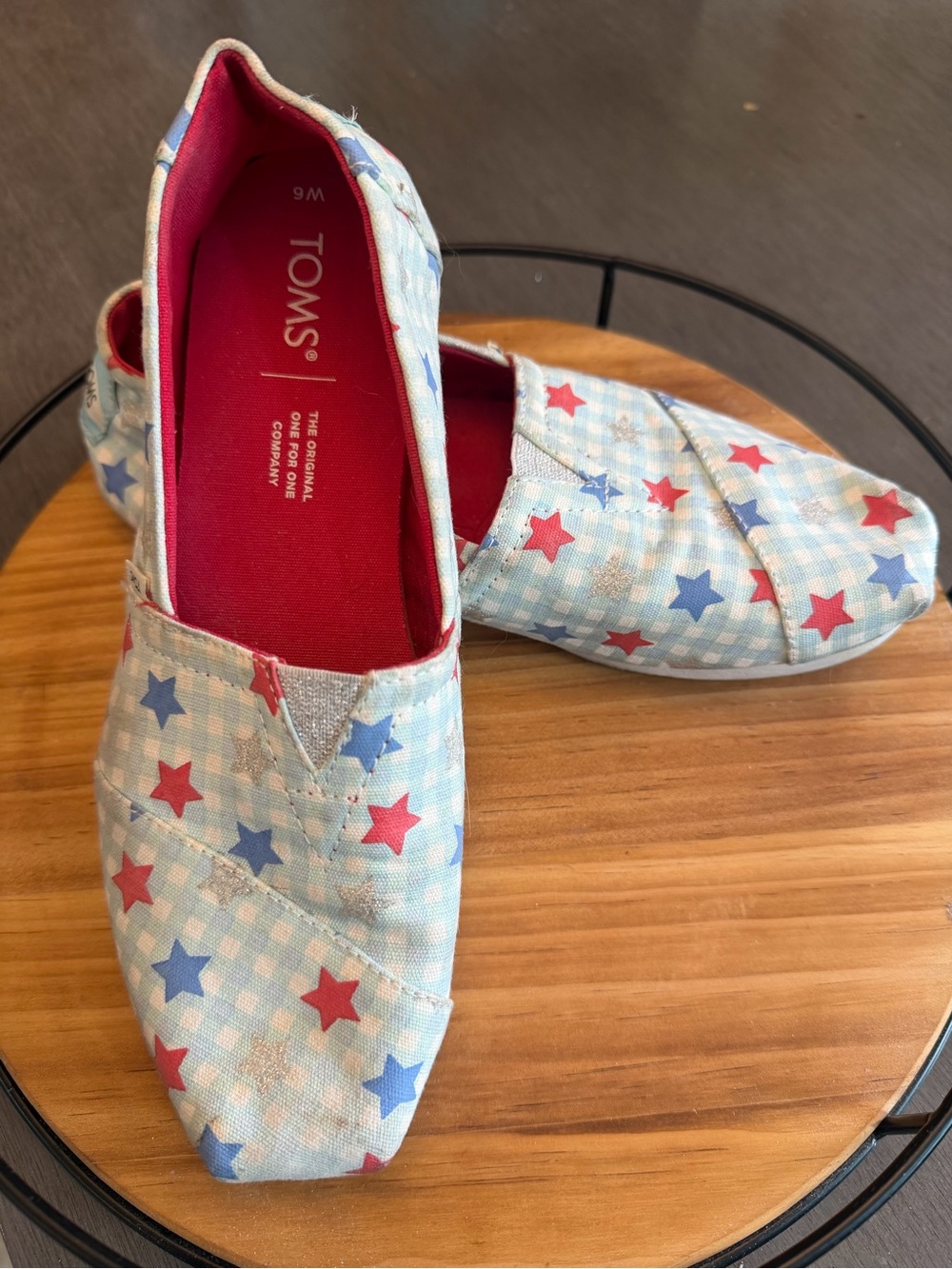 TOMS Light Blue Gingham Slip-On Shoes with Red & Blue Stars